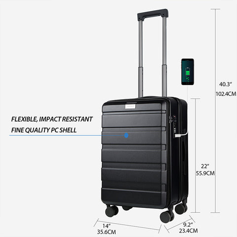 KROSER Carry On Luggage with Spinner Wheels & Built-in TSA Lock, Expandable Top Loading Hard Shell Suitcase Large Capacity Durable Rolling Luggage with USB Port, Carry-On 20-Inch, Black