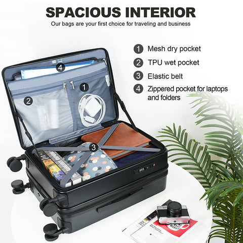 KROSER Carry On Luggage with Spinner Wheels & Built-in TSA Lock, Expandable Top Loading Hard Shell Suitcase Large Capacity Durable Rolling Luggage with USB Port, Carry-On 20-Inch, Black