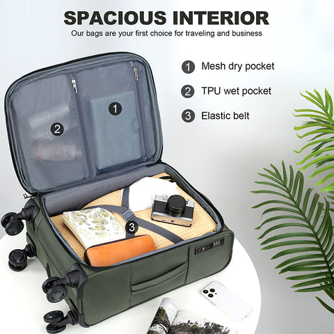 KROSER Softside Expandable Carry On Luggage with Spinner Wheels,Army Green