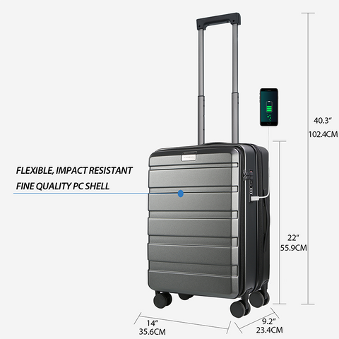 KROSER Carry On Luggage with Spinner Wheels & Built-in TSA Lock, Expandable Top Loading Hard Shell Suitcase Large Capacity Durable Rolling Luggage with USB Port, Carry-On 20-Inch, Steel Grey