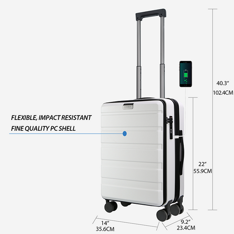 KROSER Carry On Luggage with Spinner Wheels & Built-in TSA Lock, Expandable Top Loading Hard Shell Suitcase Large Capacity Durable Rolling Luggage with USB Port, Carry-On 20-Inch, White