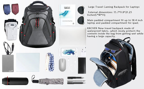 KROSER™ 17.3 Inch Travel Backpack,Large Business Laptop Bag.Black/Grey