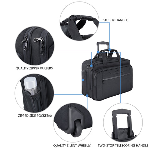 KROSER™ 17.3" Rolling Laptop Bag Briefcase Overnight Roller Case-Black