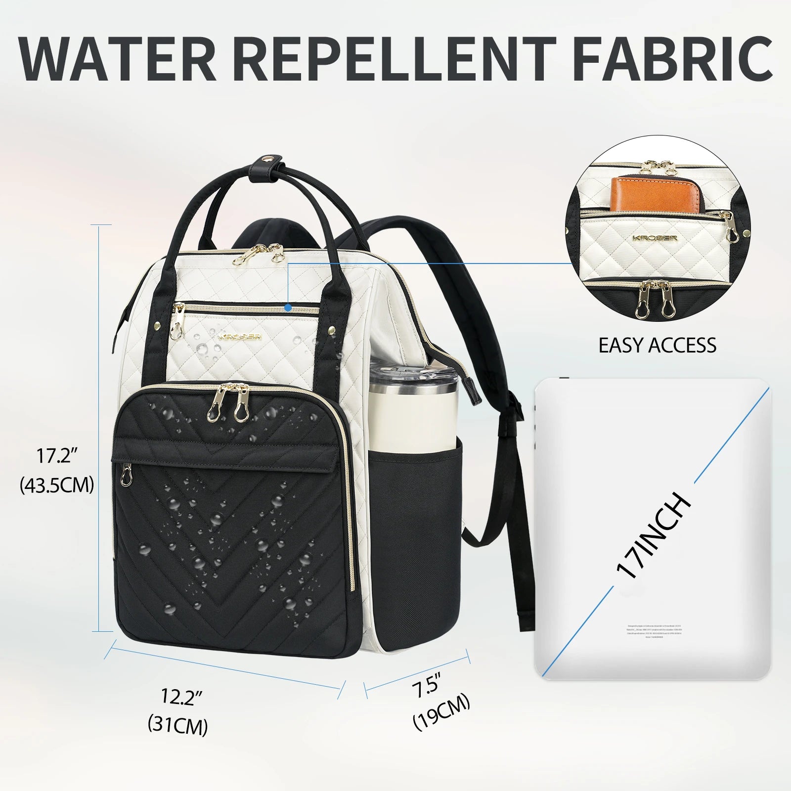 KROSER 17" Quilted Laptop Backpack – Black & Ivory