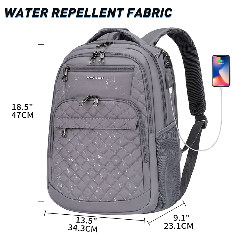 KROSER 17" Quilted Laptop Backpack with USB & RFID