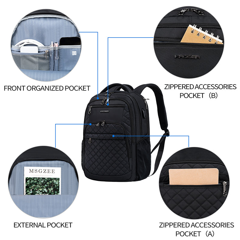 KROSER 17" Quilted Laptop Backpack with USB & RFID