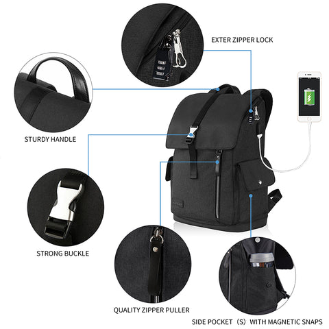 KROSER Backpack Tavel Laptop bag with USB Charging Port. Black+Grey