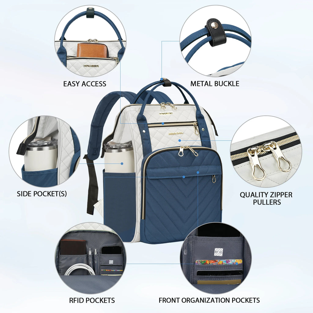 KROSER 17" Quilted Laptop Backpack – Navy Blue & Ivory
