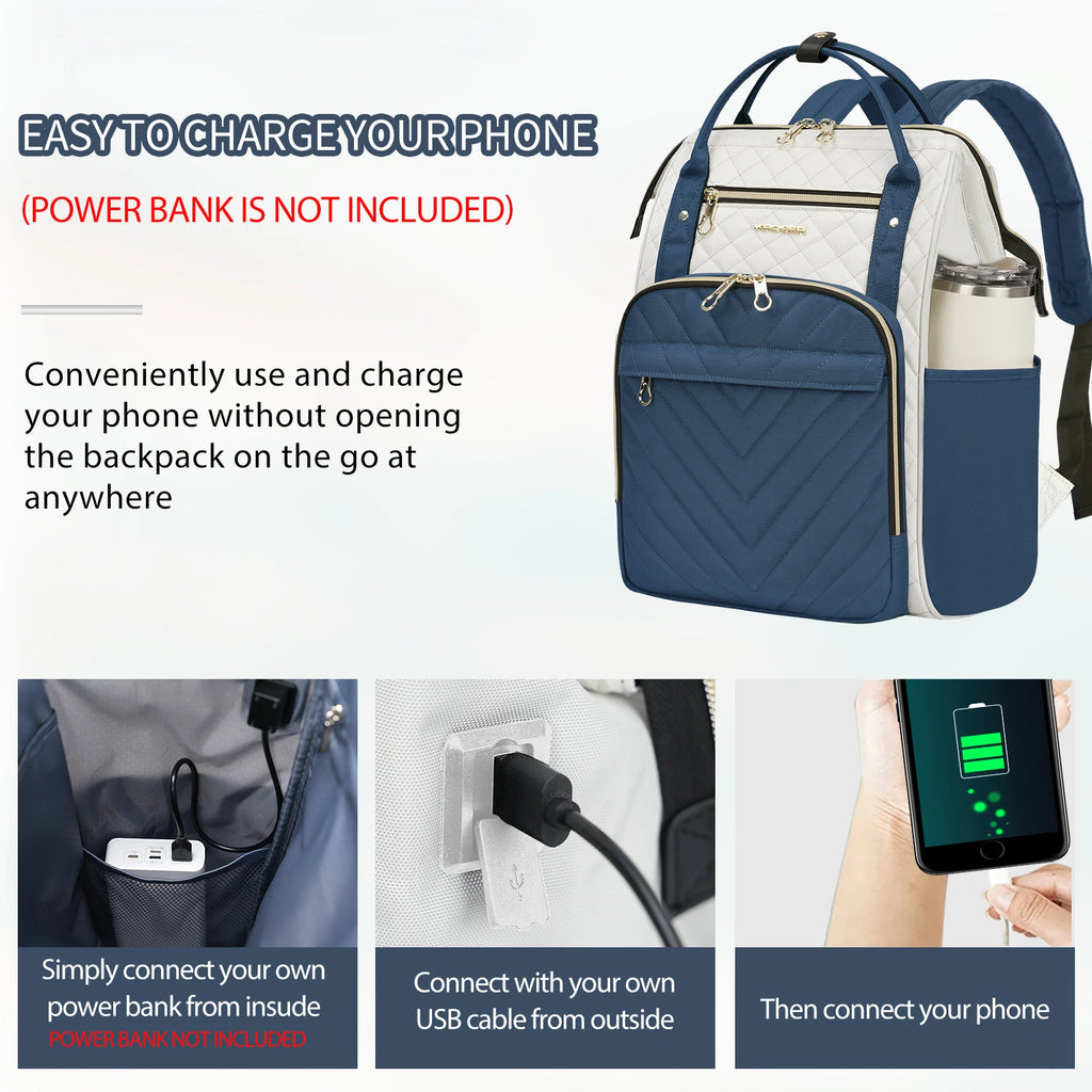 KROSER 17" Quilted Laptop Backpack – Navy Blue & Ivory