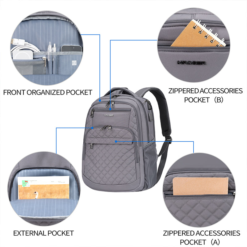 KROSER 17" Quilted Laptop Backpack with USB & RFID