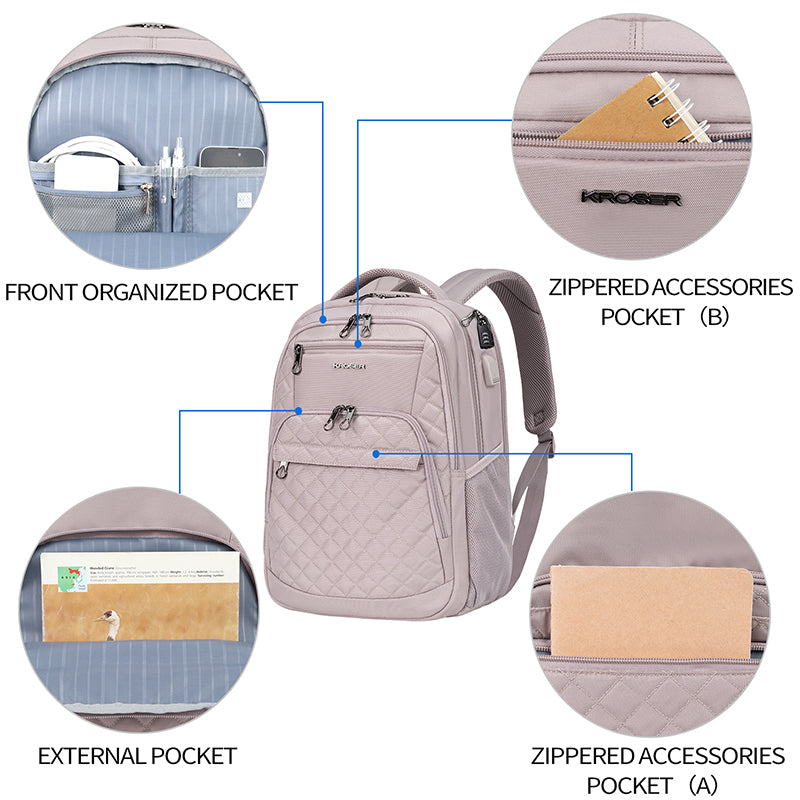 KROSER 17" Quilted Laptop Backpack with USB & RFID