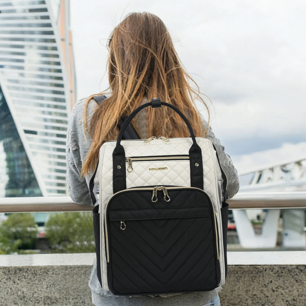 KROSER 17" Quilted Laptop Backpack – Black & Ivory