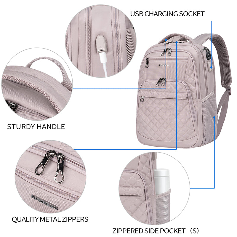 KROSER 17" Quilted Laptop Backpack with USB & RFID