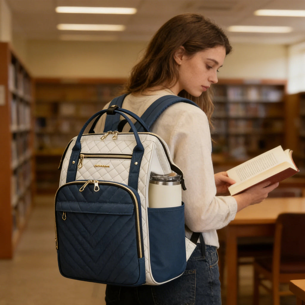 KROSER 17" Quilted Laptop Backpack – Navy Blue & Ivory
