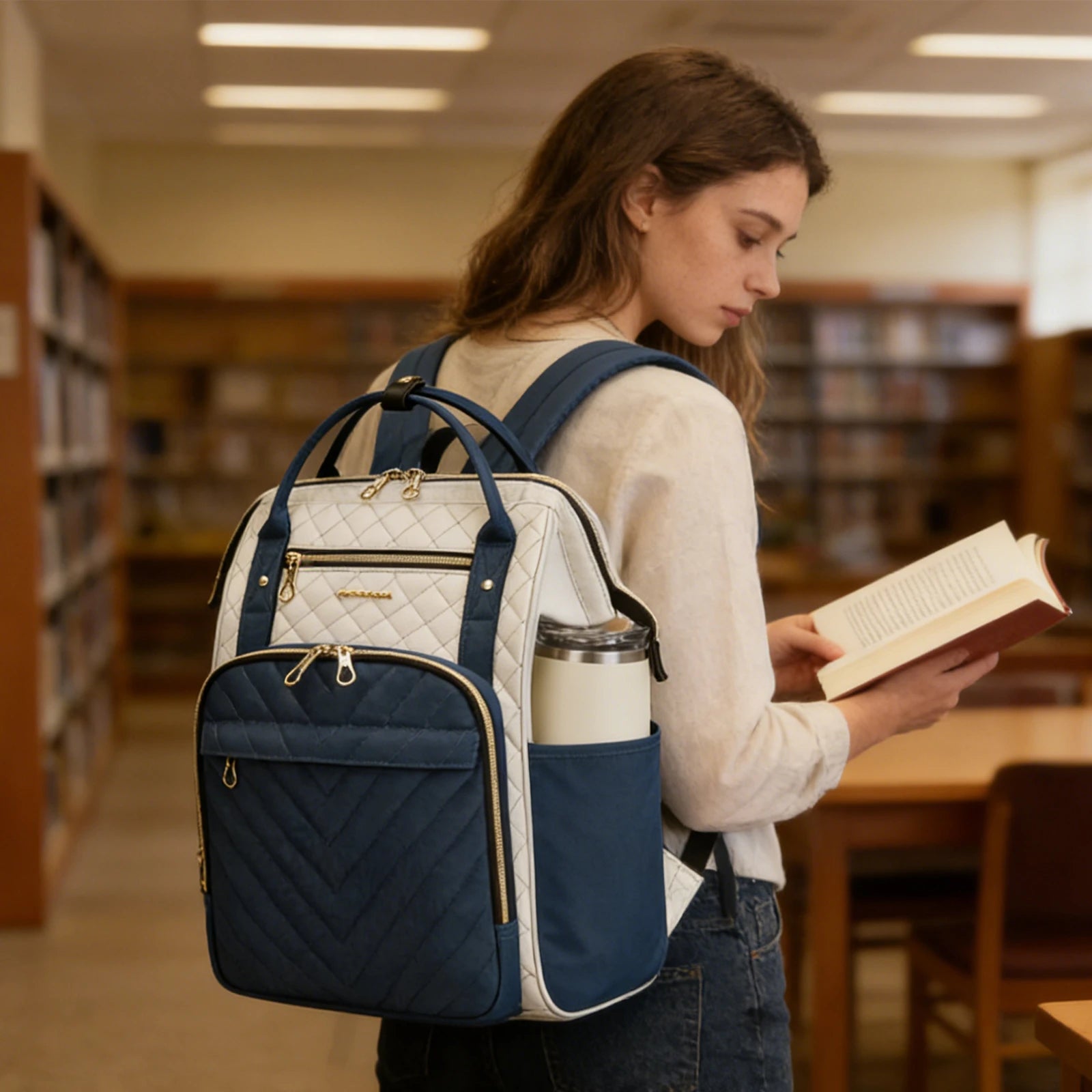 KROSER 17" Quilted Laptop Backpack – Navy Blue & Ivory