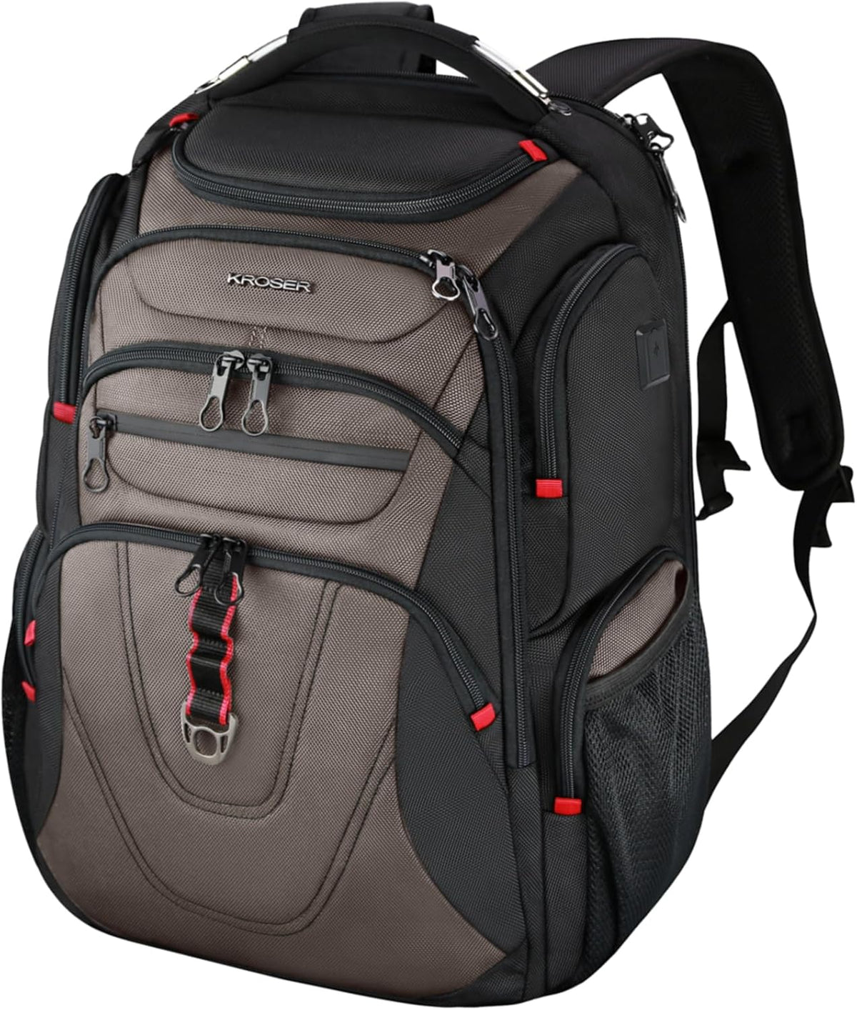 Black laptop backpack with tan/gray front panel, top handle, multiple zip pockets, padded straps