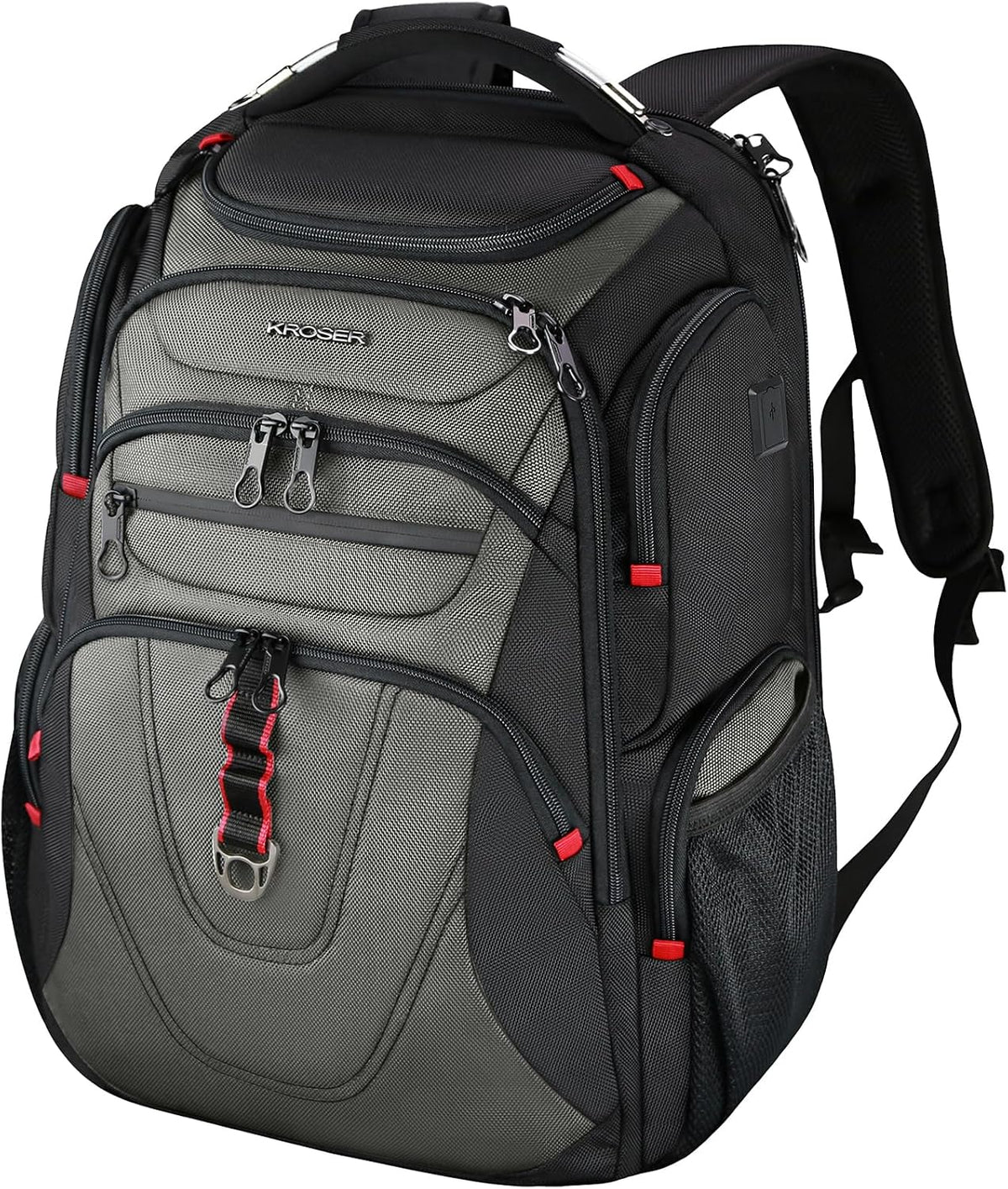 Black laptop backpack with gray front panel, multiple zip pockets, and padded shoulder straps