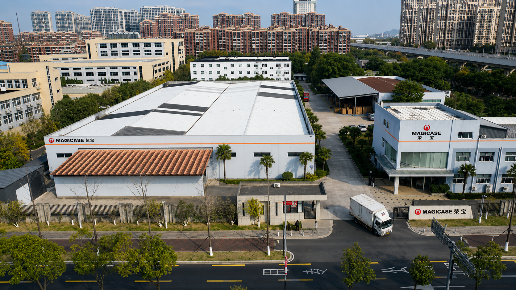 KROSER carry-on near Magicase factory building exterior