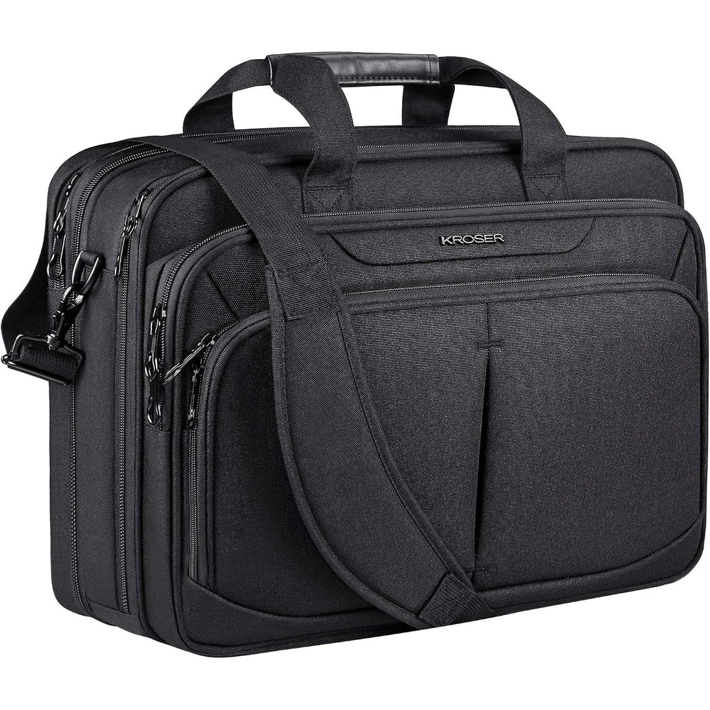 KROSER expandable RFID laptop briefcase in black, front panel with zipper pockets