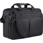 KROSER expandable RFID laptop briefcase in black, front panel with zipper pockets