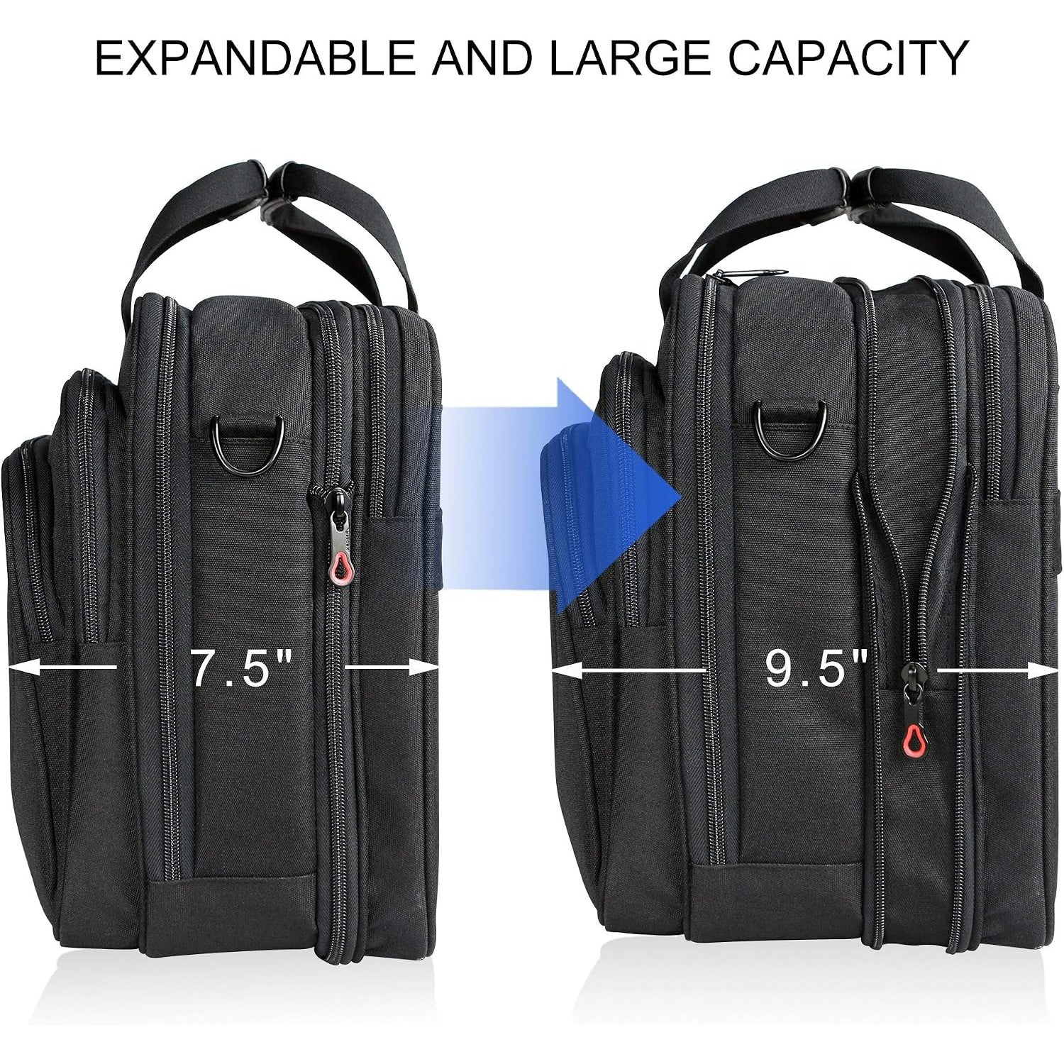Expandable KROSER laptop briefcase with zip pockets; sides expand for extra capacity