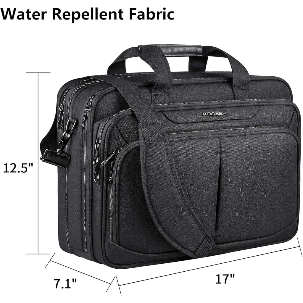 KROSER water-repellent laptop briefcase in black, with top handle and side zip pockets
