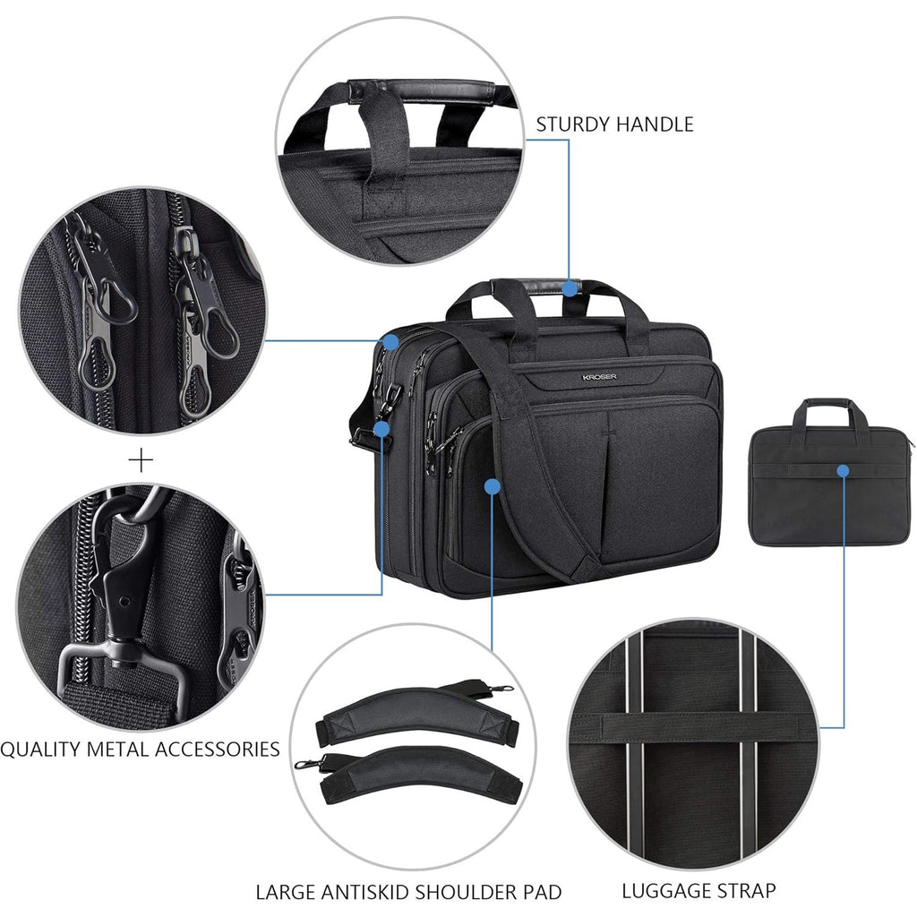 KROSER laptop briefcase with luggage strap, sturdy handle, and large anti-slip shoulder pad