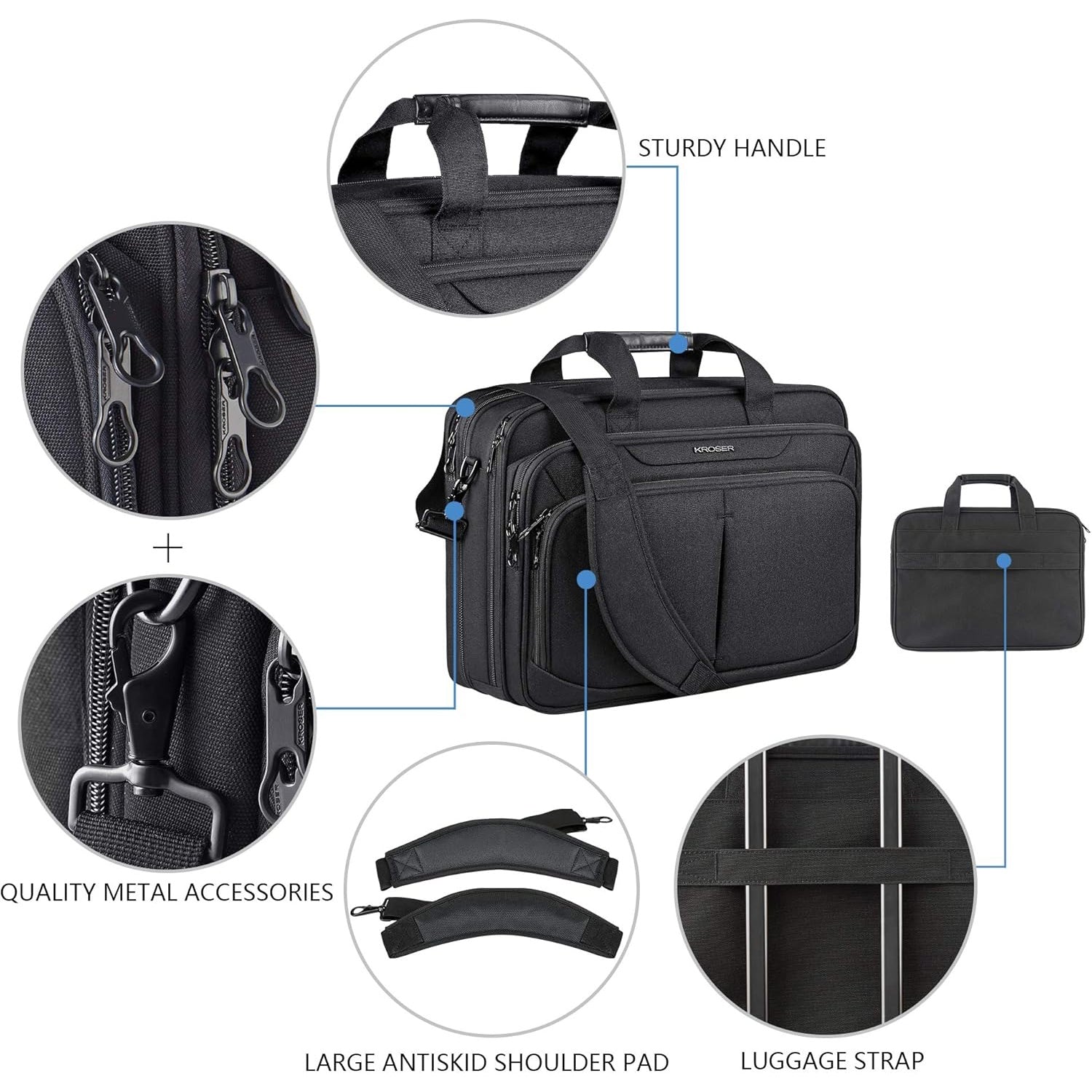 KROSER laptop briefcase with luggage strap, sturdy handle, and large anti-slip shoulder pad