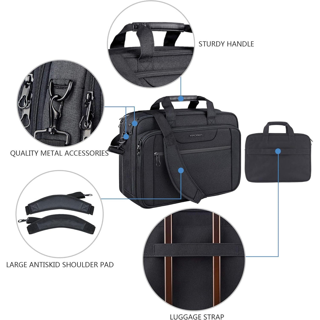 Black laptop briefcase with sturdy handle, luggage strap, and anti-skid shoulder pad.