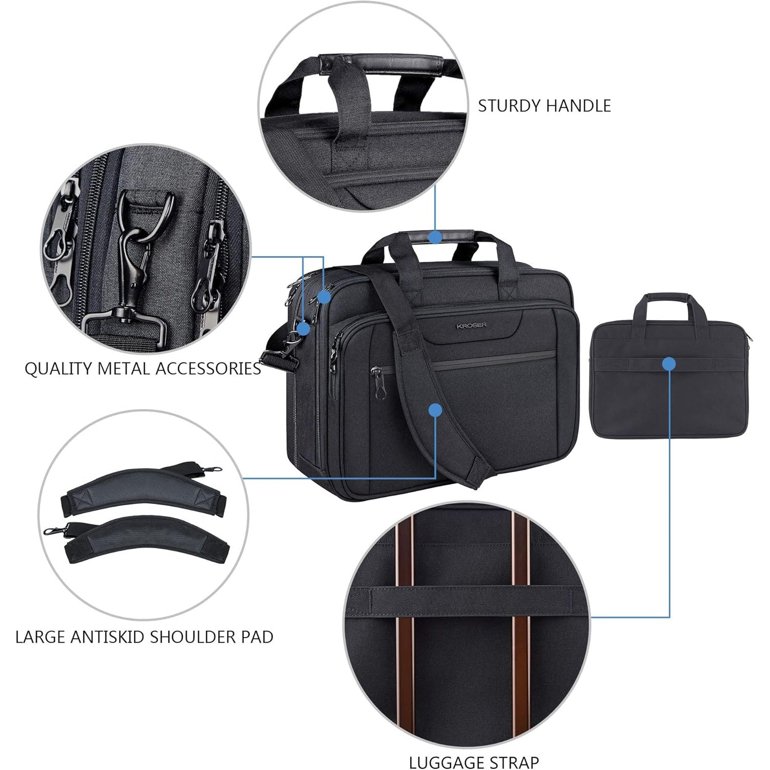 Black laptop briefcase with sturdy handle, luggage strap, and anti-skid shoulder pad.