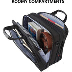 Black laptop briefcase open to show padded sleeves, document pockets, and zip organizers.
