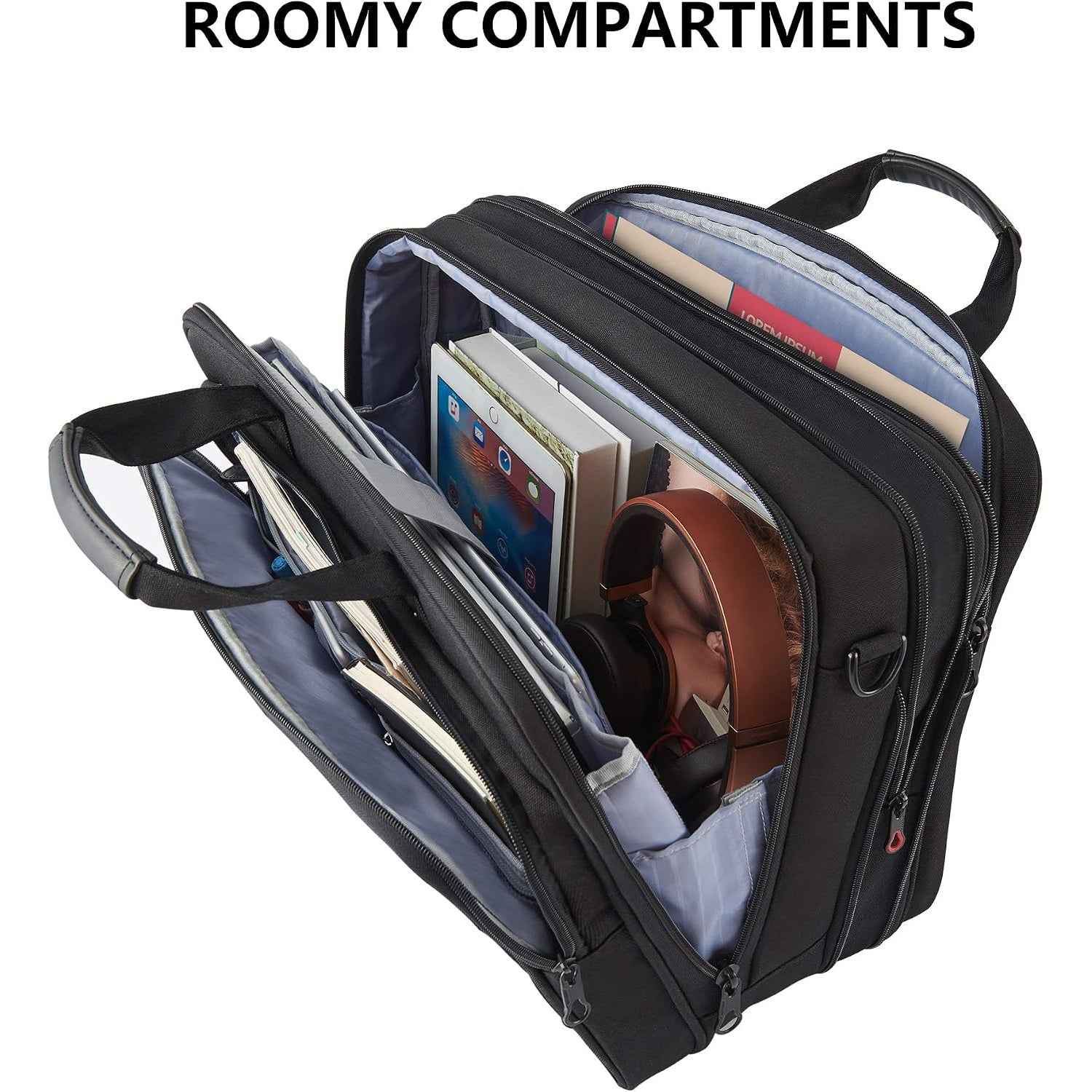 Black laptop briefcase open to show padded sleeves, document pockets, and zip organizers.