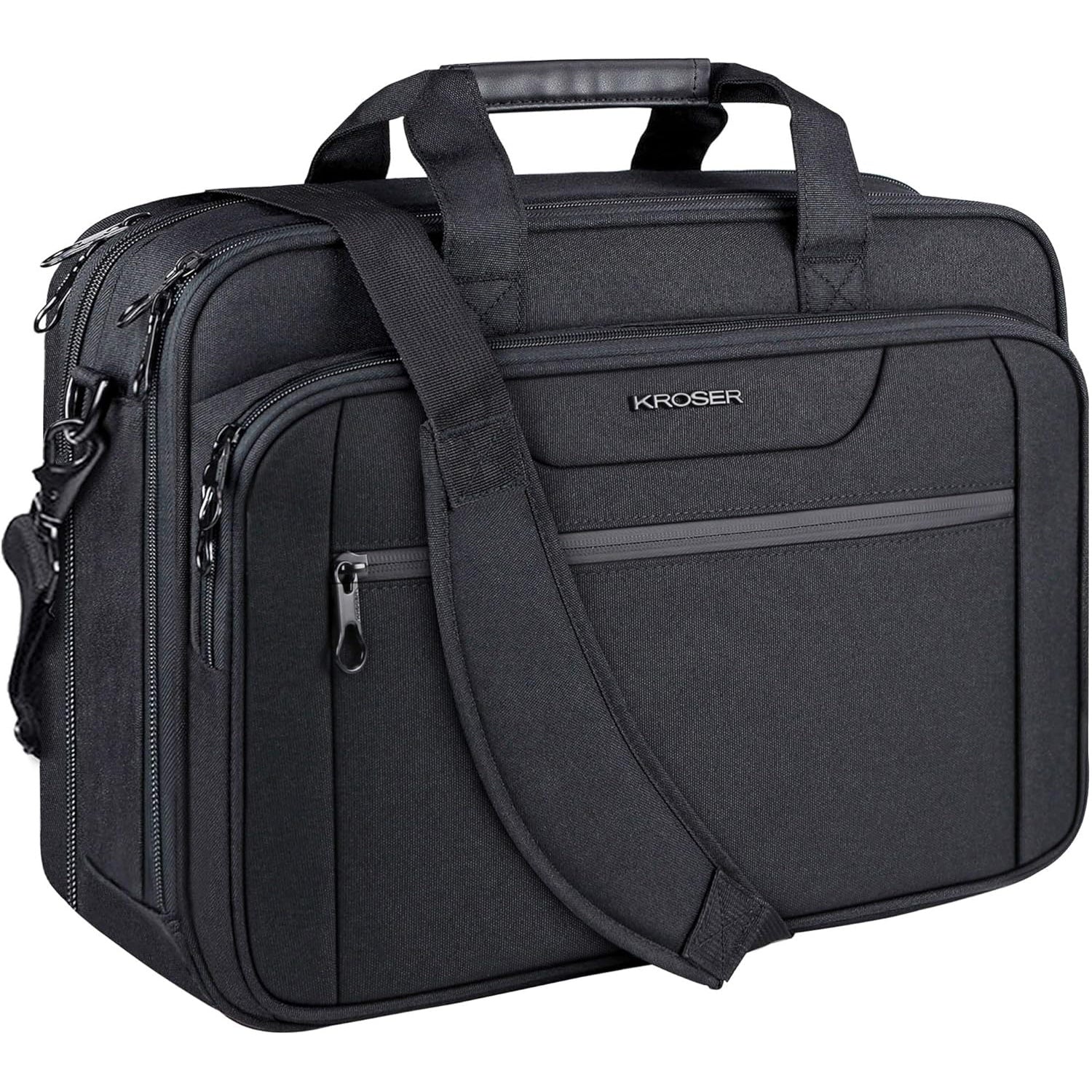Black KROSER laptop briefcase with front organizer panel and dual zip compartments, shoulder strap.