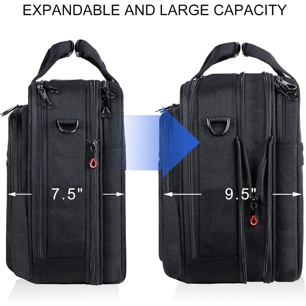 Black expandable laptop briefcase with two sizes shown, front zip pockets, and red zipper pulls.