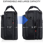 Black expandable laptop briefcase with two sizes shown, front zip pockets, and red zipper pulls.