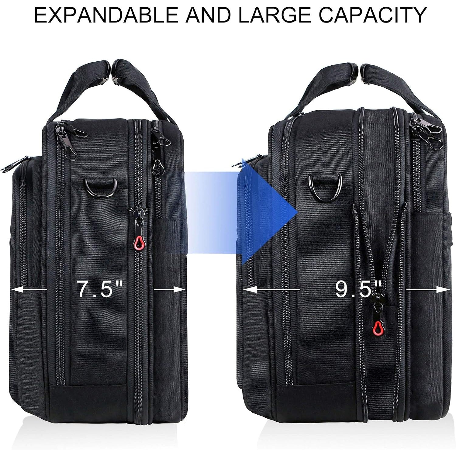 Black expandable laptop briefcase with two sizes shown, front zip pockets, and red zipper pulls.
