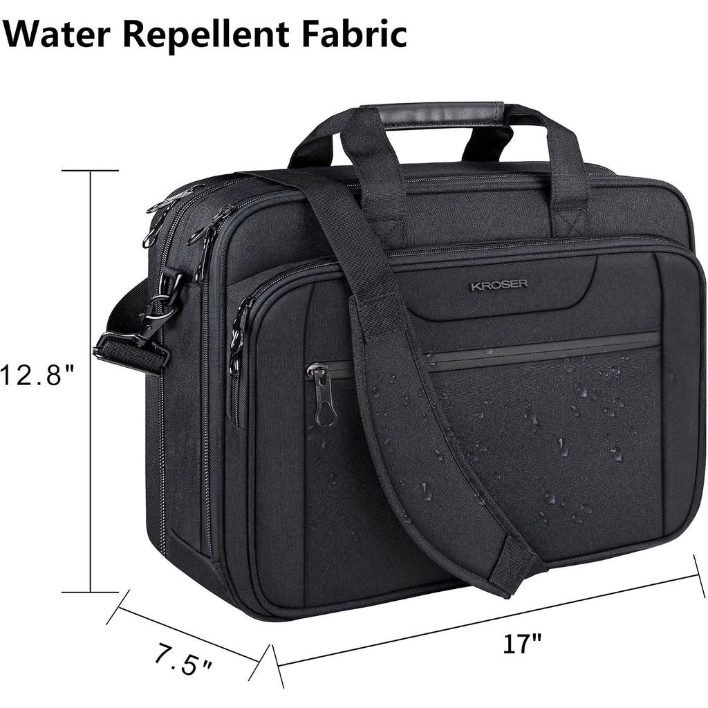 Black laptop briefcase with water-repellent fabric, front organizer panel, and adjustable strap.