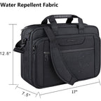 Black laptop briefcase with water-repellent fabric, front organizer panel, and adjustable strap.