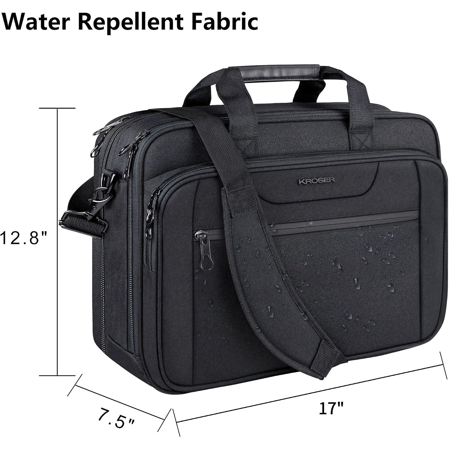 Black laptop briefcase with water-repellent fabric, front organizer panel, and adjustable strap.