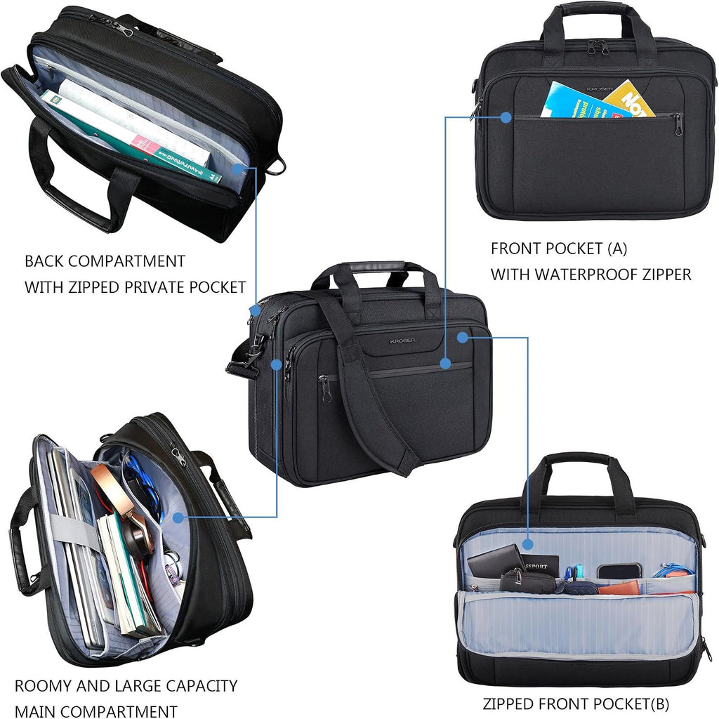 Black laptop briefcase with zip front pockets, main compartment, and side back storage compartment.