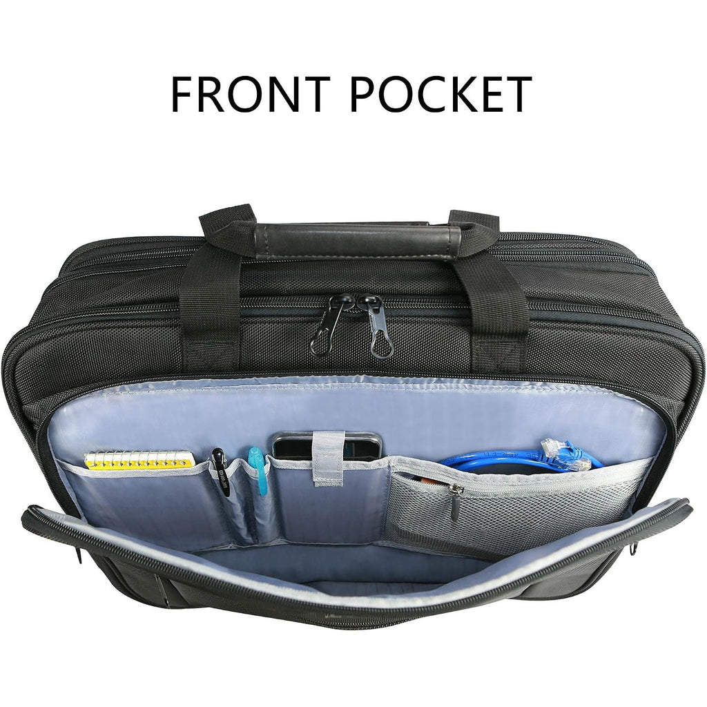 Black front pocket briefcase interior with organizer slots and elastic sleeve