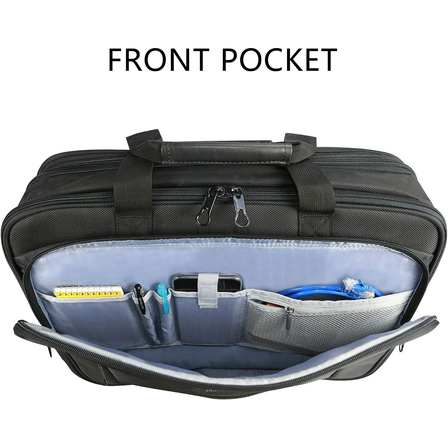Black front pocket briefcase interior with organizer slots and elastic sleeve