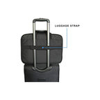 Black briefcase with luggage strap for attaching to rolling suitcase