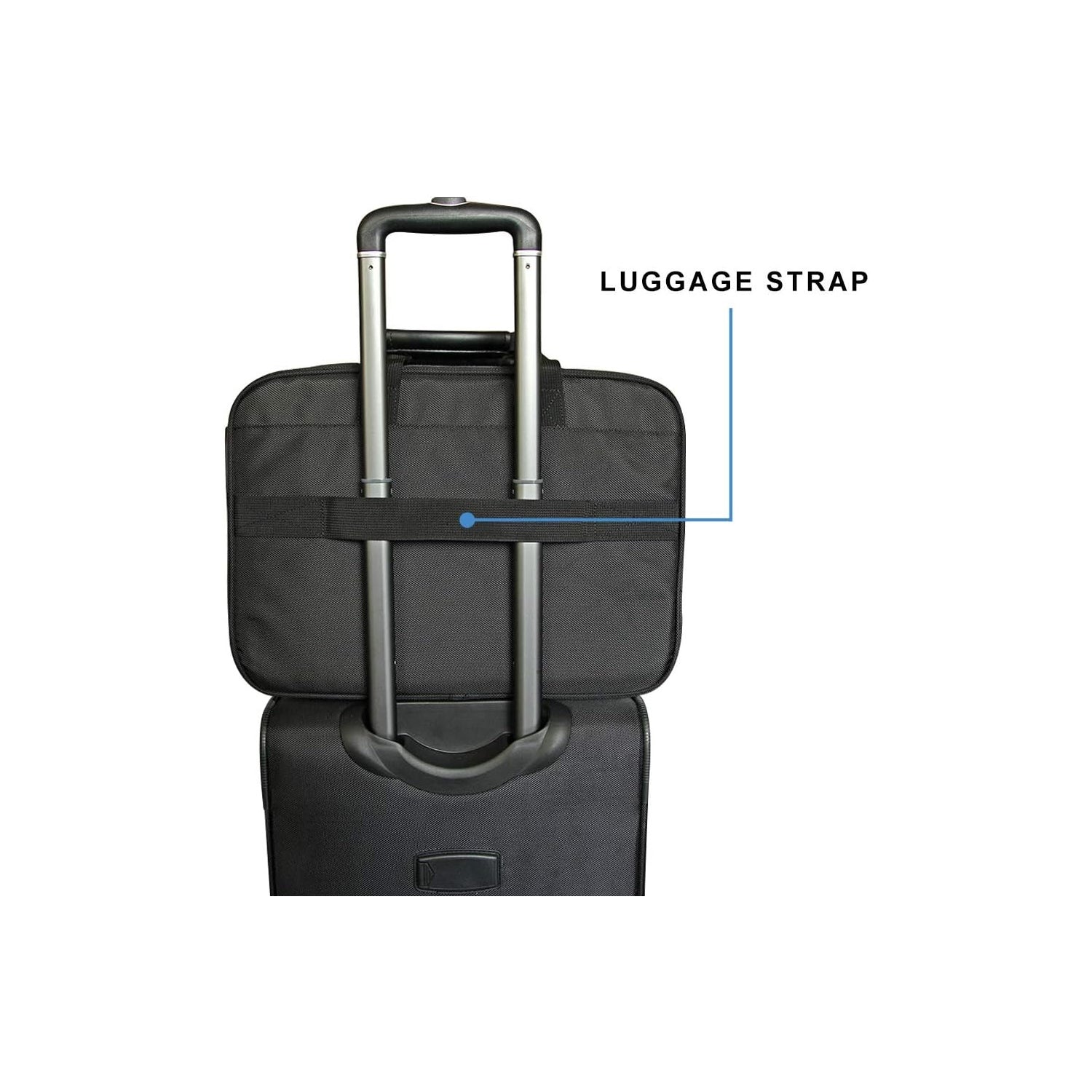 Black briefcase with luggage strap for attaching to rolling suitcase