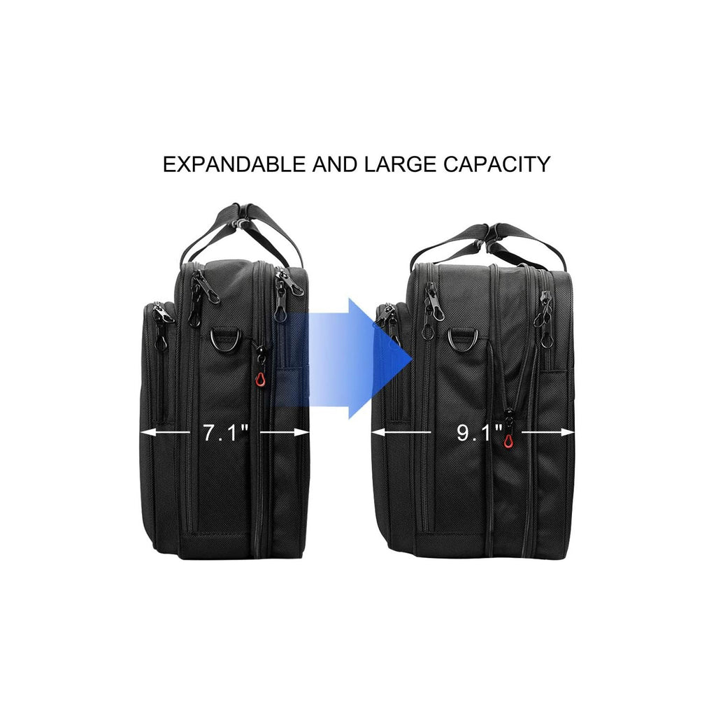 Expandable laptop briefcase showing size expansion with zip closure