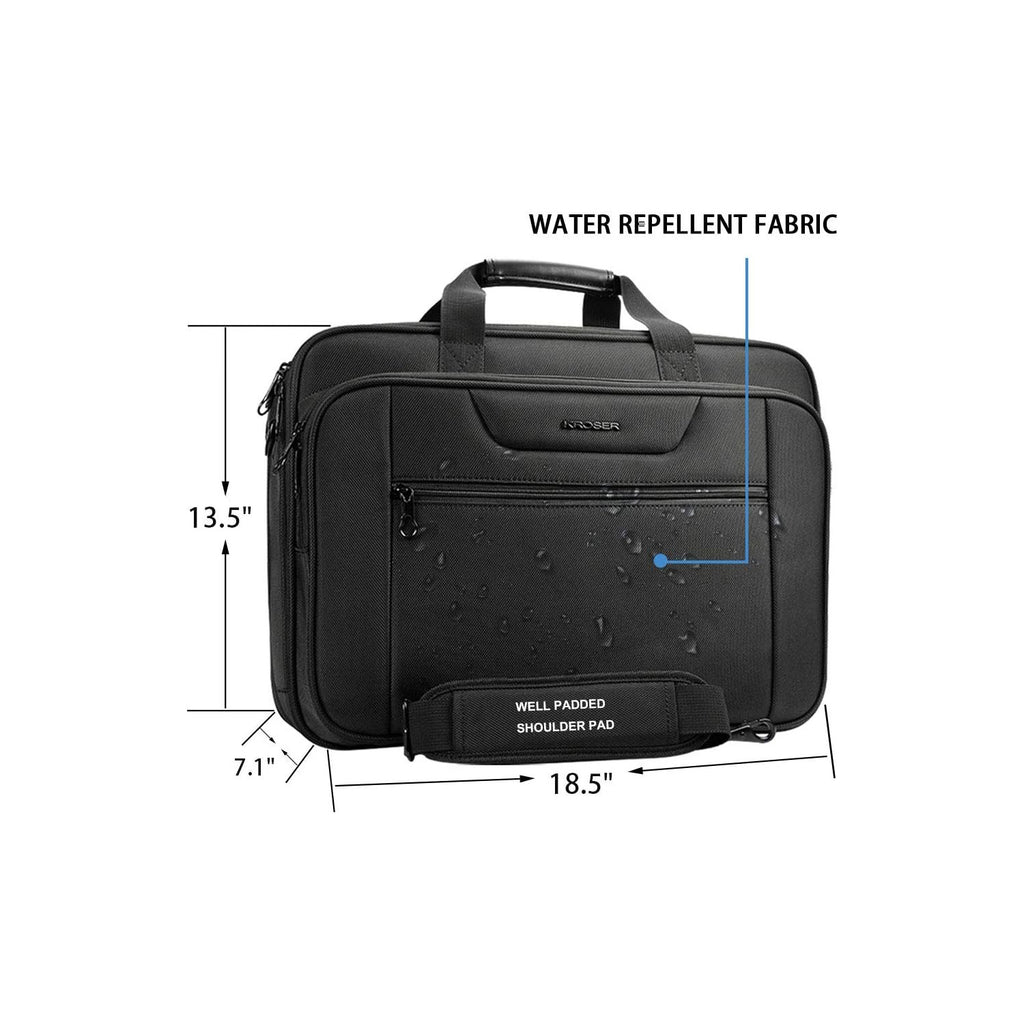 Black briefcase with water-repellent fabric, padded shoulder strap, and front padding