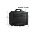 Black briefcase with water-repellent fabric, padded shoulder strap, and front padding