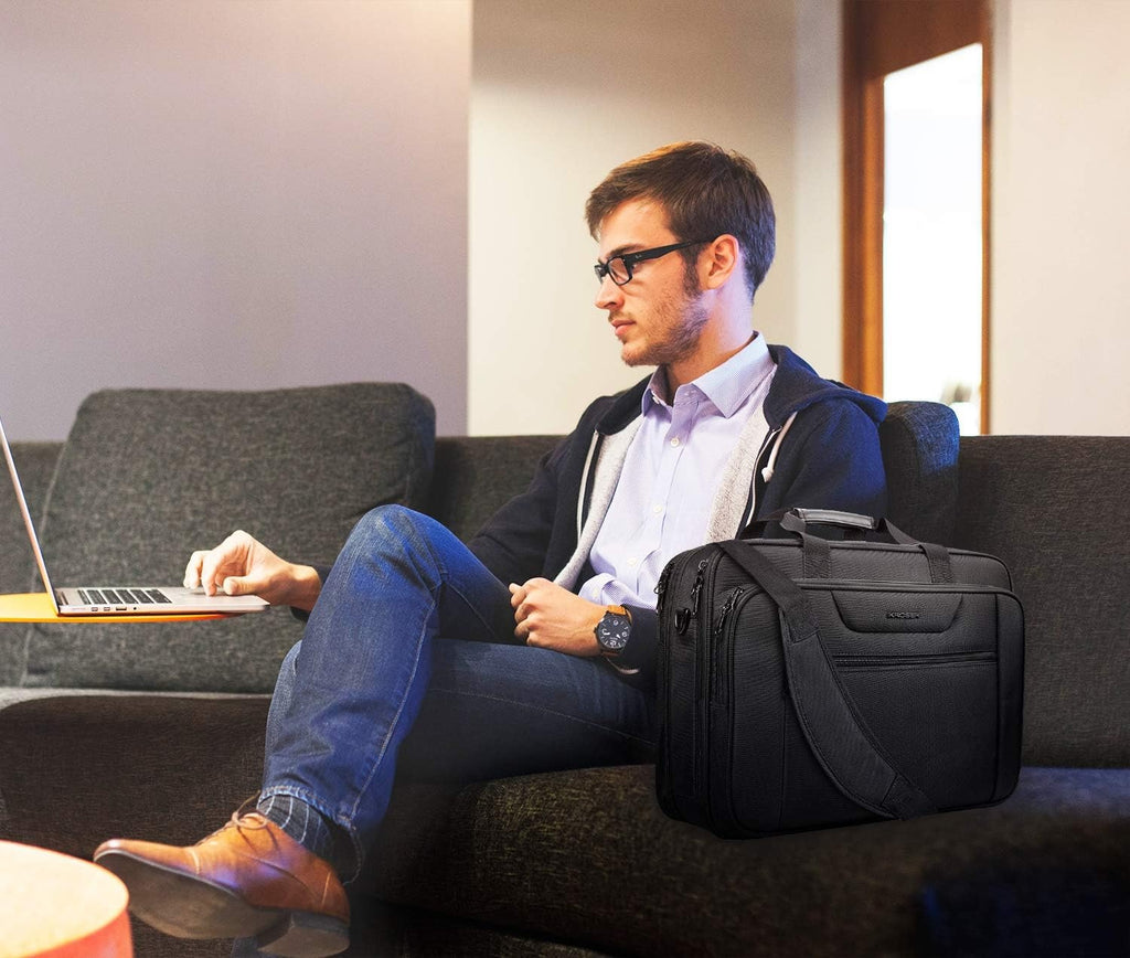 Black KROSER laptop briefcase carried on shoulder with front zip pocket