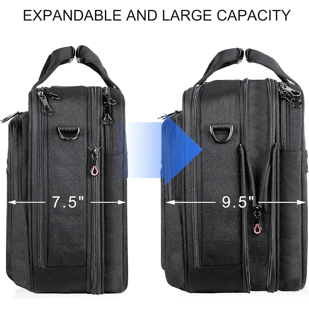 Black expandable briefcase with zip compartments shown in front and expanded views