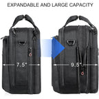 Black expandable briefcase with zip compartments shown in front and expanded views
